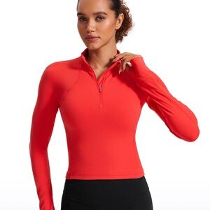 CRZ YOGA Women's Long Sleeve Zip-Front Active Top in Coral Red